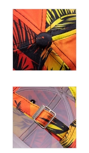 Detail of tropical palm print baseball cap with orange fabric and metal buckle closure