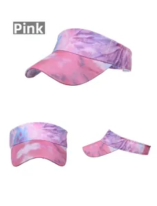 Three views of pink tie-dye open top sun hat with wide brim and elastic strap