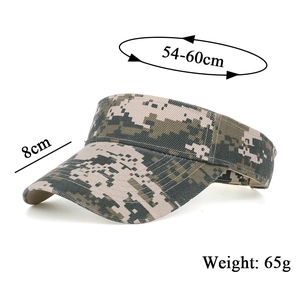 Detailed size chart for camo sun visor hat showing 8cm brim and 54-60cm head size