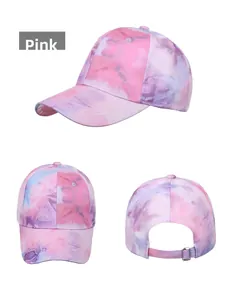Detailed views of pink tie-dye baseball cap showing front side and back metal buckle