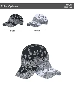 Detailed close-up showing black and white paisley print on cotton baseball caps