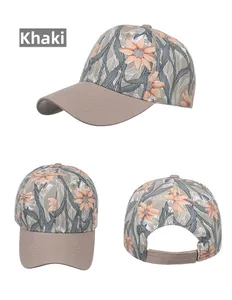 Three-view layout of khaki baseball cap with orange floral print and adjustable velcro