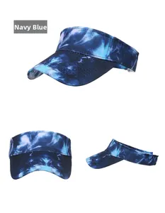 Three-view layout of navy tie-dye sun visor with wide brim and reinforced stitching detail