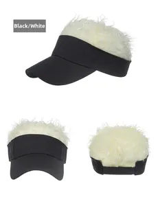 Detail view showing black brim baseball cap with creative white fuzzy hair wig top decoration