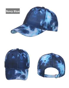 Navy blue tie-dye baseball cap shown in front, side, and back views with metal buckle