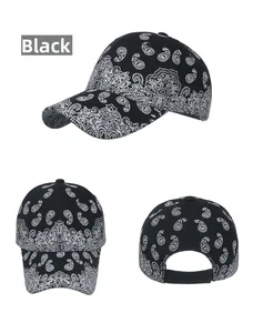 Front, side and back view of black baseball cap with white paisley pattern details