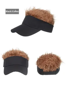 Detailed three-view shots of creative sun visor cap with brown faux wig hair on top