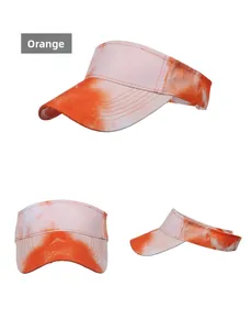 Three views of orange tie-dye empty top sun hat with detailed stitching on wide brim