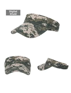 Three-view display of a digital khaki camouflage visor hat for outdoor sun protection