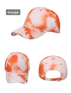 Detailed views of an orange tie-dye baseball cap with a metal adjustable back buckle