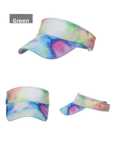 Three views of tie-dye sun visor hat showing colorful canvas texture and reinforced stitching