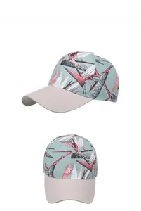 Detailed views of tropical palm leaf print baseball cap with contrast brim and embroidery