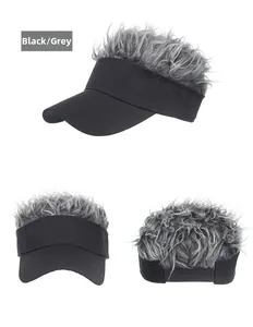 Three-view detail of sun visor baseball hat featuring realistic black and grey hair wig