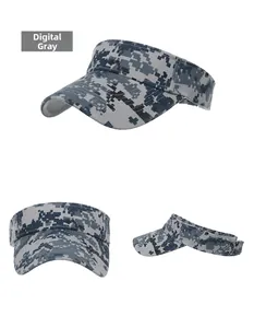 Detailed views of digital grey camouflage sun visor hat with military tactical pattern