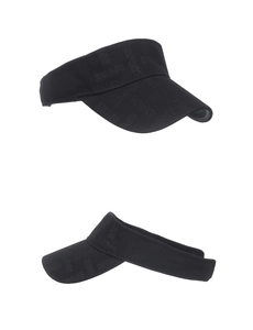 Detail of black sports sun visor with textured SPORT pattern and wide protective brim