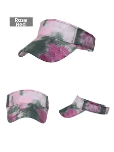 Detail view of the rose red tie-dye sun visor hat with a wide brim and stitching details