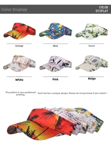 Collection of sun visor hats with tropical palm and floral prints in six vibrant colors