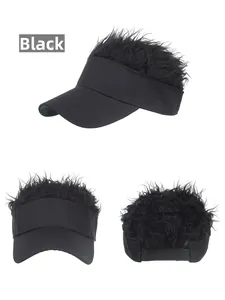 Three views of a black sun visor hat featuring creative synthetic hair wig on top