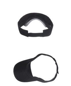 Detail view of black sport sun visor featuring adjustable hook-and-loop strap and curved brim