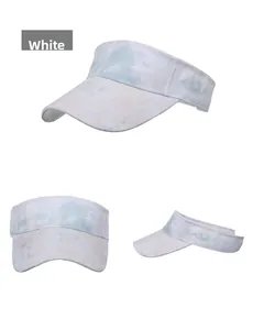 Detailed views of tie-dye open top sun hat with wide brim and adjustable strap