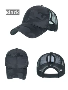 Détails de la casquette camouflage noire avec filet respirant et ouverture pour queue de cheval