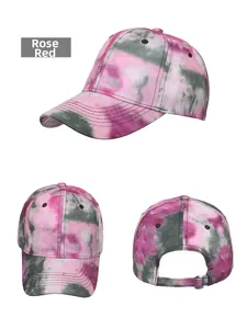 Three-way view of rose red tie-dye baseball cap with metal adjustable buckle back