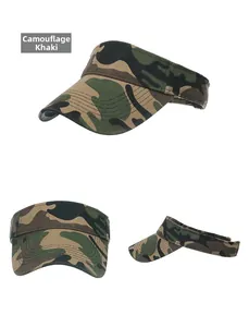 Detail view showing camo khaki sun visor with camouflage pattern and wide brim