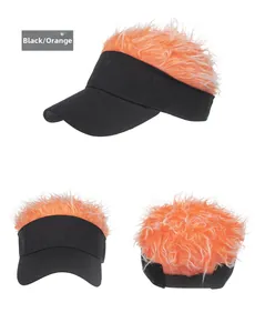 Detailed views of creative black baseball cap with orange hair wig trim in various angles