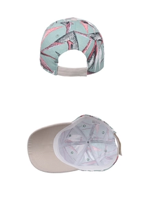 Detail view of the back adjustment strap and interior lining of the floral baseball cap