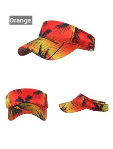 Three-way view of orange tropical palm print sun visor hat with sunset gradient