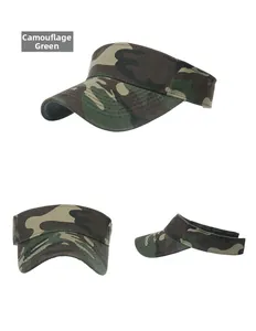 Detail view of camouflage green sun visor hat showing stitching and durable fabric