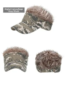 Digital camo visor hat with synthetic hair wig shown in front side and back views