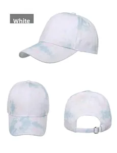 Three-angle view of tie-dye baseball cap with metal buckle and soft pastel patterns