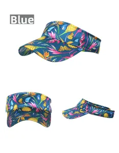 Detail of blue sun visor hat featuring tropical floral print and adjustable back strap