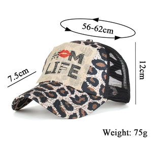 Detailed dimensions of leopard ponytail baseball cap with Mom Life patch and mesh