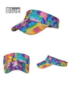 Detailed views of tie-dye sun visor hat showing curved brim and adjustable top