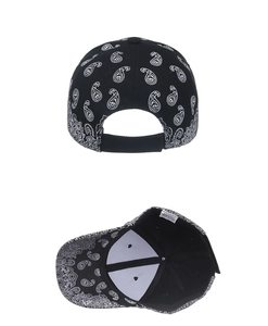 Detail of black paisley baseball cap featuring adjustable velcro strap and inner lining