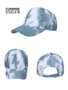 Detail view of the tie-dye pattern baseball cap and adjustable metal back buckle