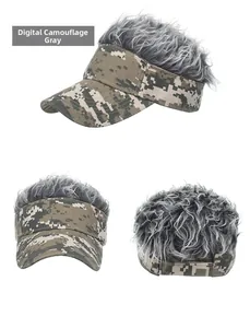 Three-way view of digital camouflage sun visor with gray faux hair wig and velcro strap