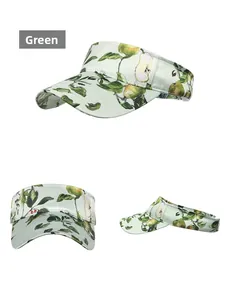Detail view of the open top sun hat with green pear print and adjustable strap