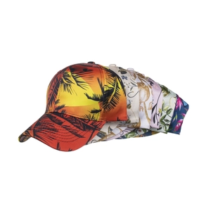 Floral print baseball caps in various colors featuring tropical and botanical designs