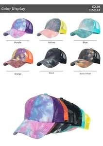 Matrix display of tie-dye mesh trucker hats in various colors with breathable design