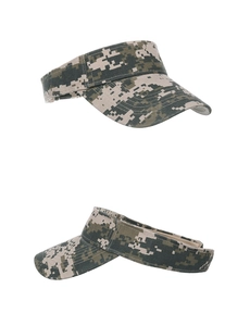 Detailed views of camouflage sun visor hat with durable canvas fabric and digital pattern