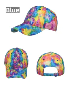 Detail view of colorful tie-dye baseball cap with curved brim and adjustable metal buckle