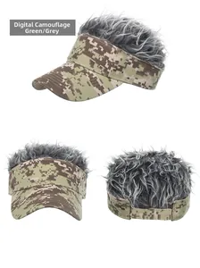 Three-view detail of camo visor hat with gray synthetic hair and adjustable strap