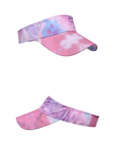 Detail view of the pink and purple tie-dye sun visor hat with curved brim stitching