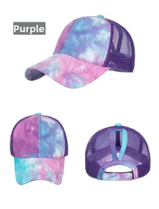 Three-angle views showing purple tie-dye fabric and breathable mesh ponytail hole