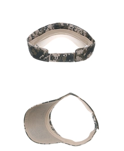 Detail of camouflage visor hat showing adjustable velcro strap and reinforced stitching