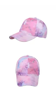Detailed views of tie-dye baseball cap in pink and blue with curved brim and embroidery
