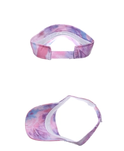 Detail view of pink tie-dye visor cap with wide brim and adjustable Velcro closure